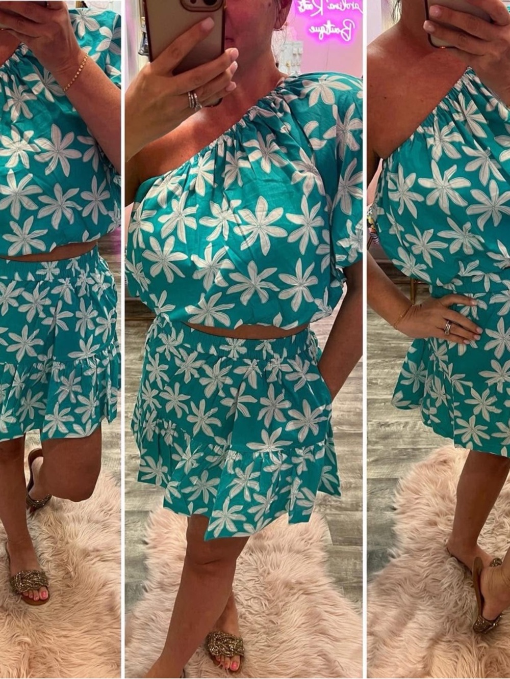 Turquoise Floral One-Shoulder Ruffle Mini Skirt Set - Floral Print